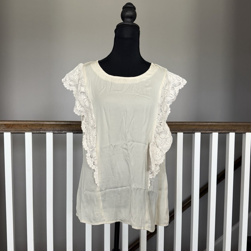Anthropologie‎ Dolan Crochet Flutter Sleeve Blouse Large Cream Boho Coquette